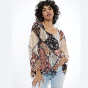 American Eagle Patchwork Boho Peplum With Tie Back Size Large PTP 18-22”